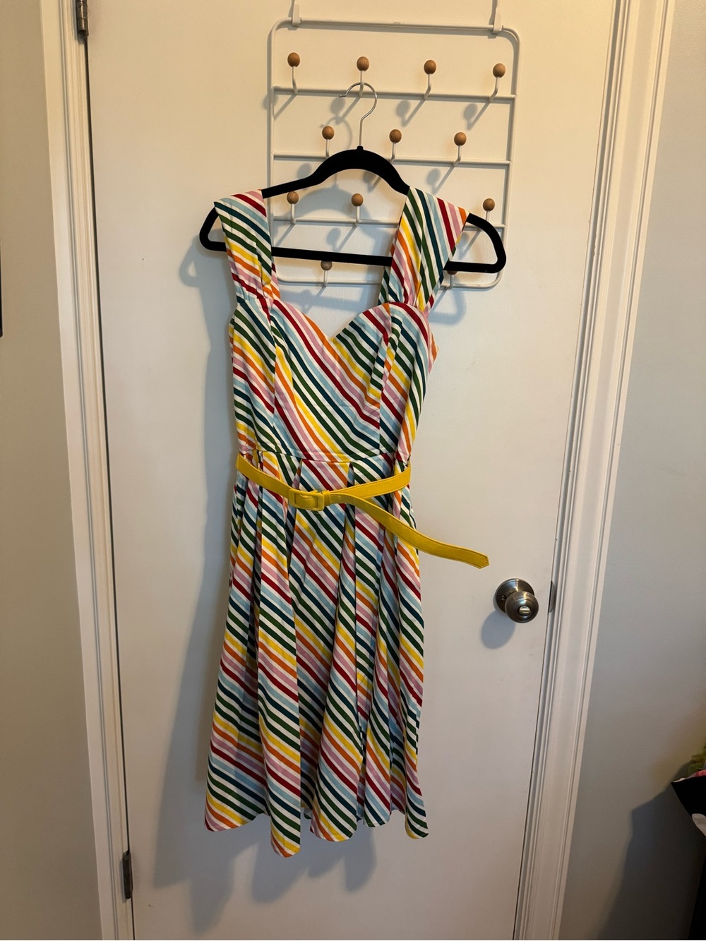Collectif Multicolor rainbow Stripe Dress with Yellow Belt